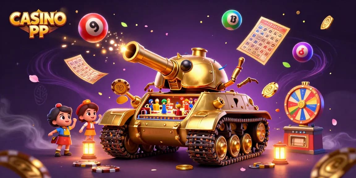 Experience the excitement of CASINO PP with a vibrant 3D illustration of a golden beetle tank and lively casino elements.