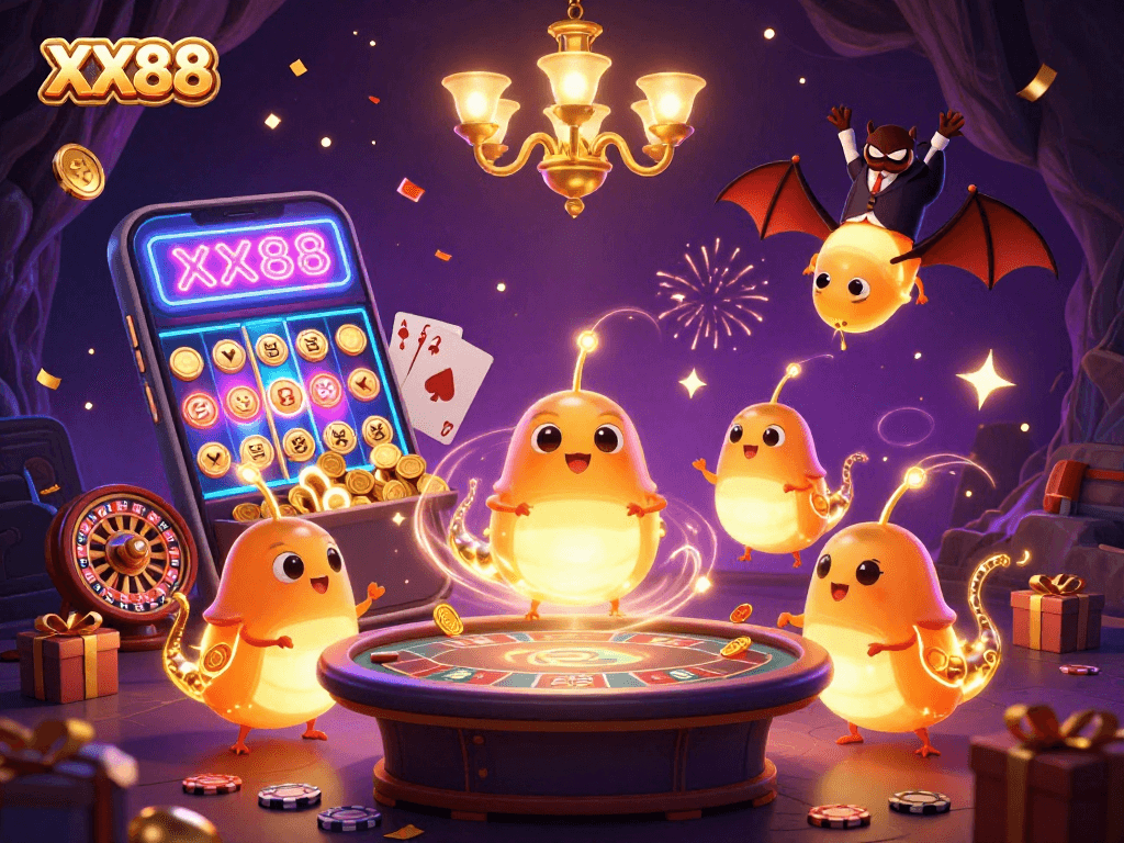 Experience dazzling gaming with XX88's glowworms lighting up the vibrant casino scene.