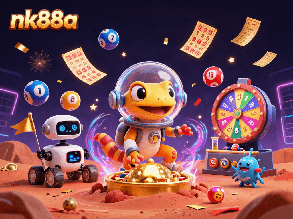 Nk88a showcases a Martian gecko celebrating a golden casino discovery amid lottery excitement.