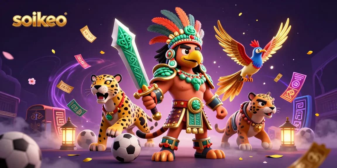Bet on the sports excitement with soikeo, featuring dynamic Aztec warriors and colorful betting elements.