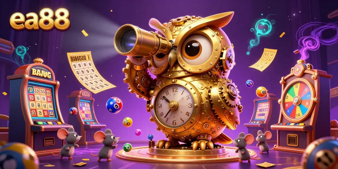 Engage with the vibrant energy of ea88's casino world featuring a golden owl, lively mice, and dynamic game elements.