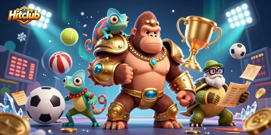 Join the excitement with Hitclub's powerful gorilla king and agile chameleon amidst vibrant sports action.