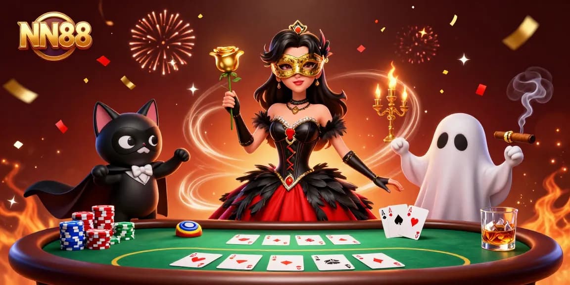 Experience excitement at NN88 with a dramatic casino scene featuring poker elements.