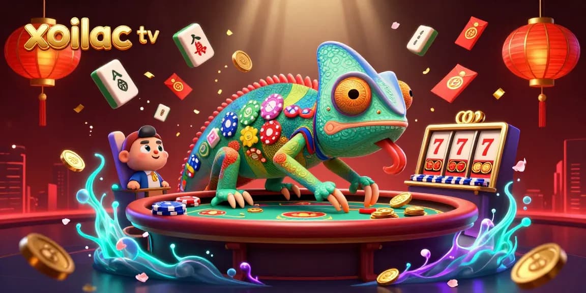Engage with xoilac tv in a vibrant casino scene featuring a chameleon owner amidst thrilling game elements