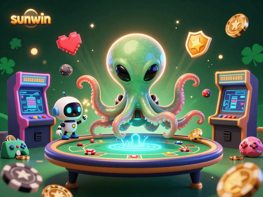 Play exciting poker with sunwin featuring a colorful alien octopus and arcade machine elements.