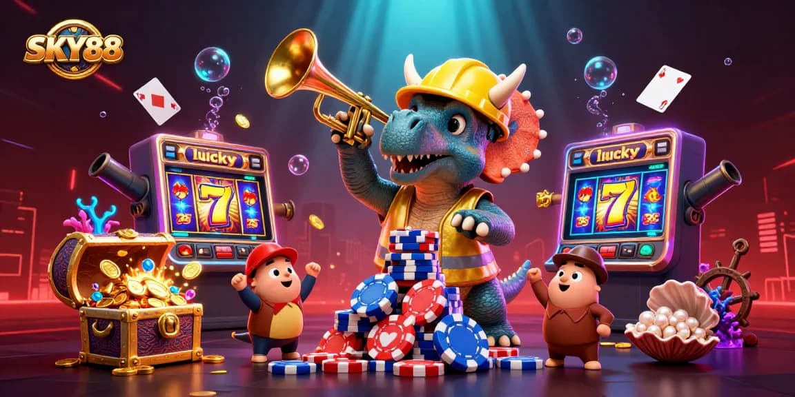 Engage with the exciting world of SKY88 slots amidst a vibrant 3D celebration.