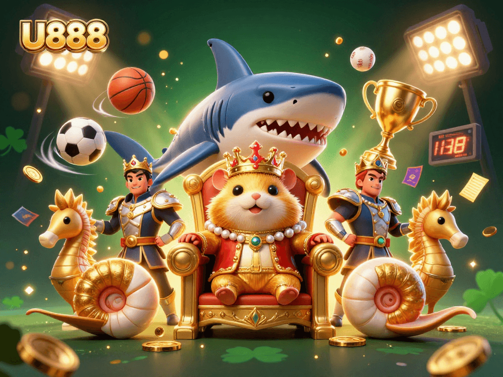 Experience the thrill of U888's vibrant 3D casino scene featuring a golden hamster king and dynamic betting elements.