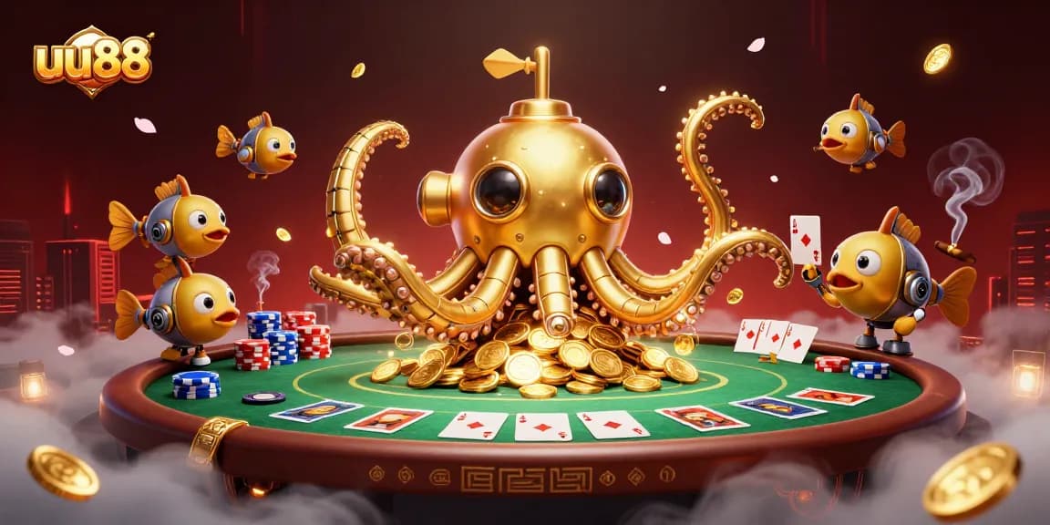 Play poker with the kraken submarine and mechanical fish in the dynamic uu88 casino scene.