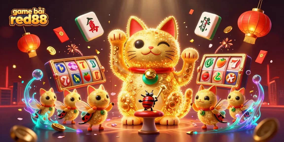 Play game bài red88 amidst vibrant 3D casino visuals featuring lucky symbols and glowing elements.