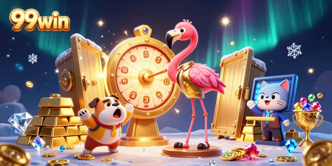Spin to win with 99win's vibrant game show scene featuring excitement and treasures.