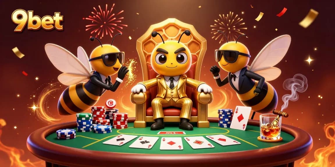 Experience the excitement of 9bet with a lively casino scene featuring poker and vibrant animations.