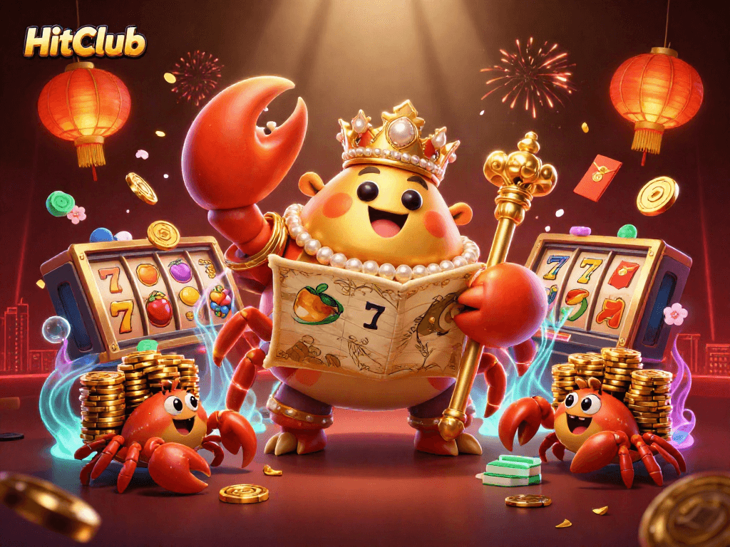 Experience HitClub gaming with a golden crab emperor leading a vibrant casino scene filled with rich details.