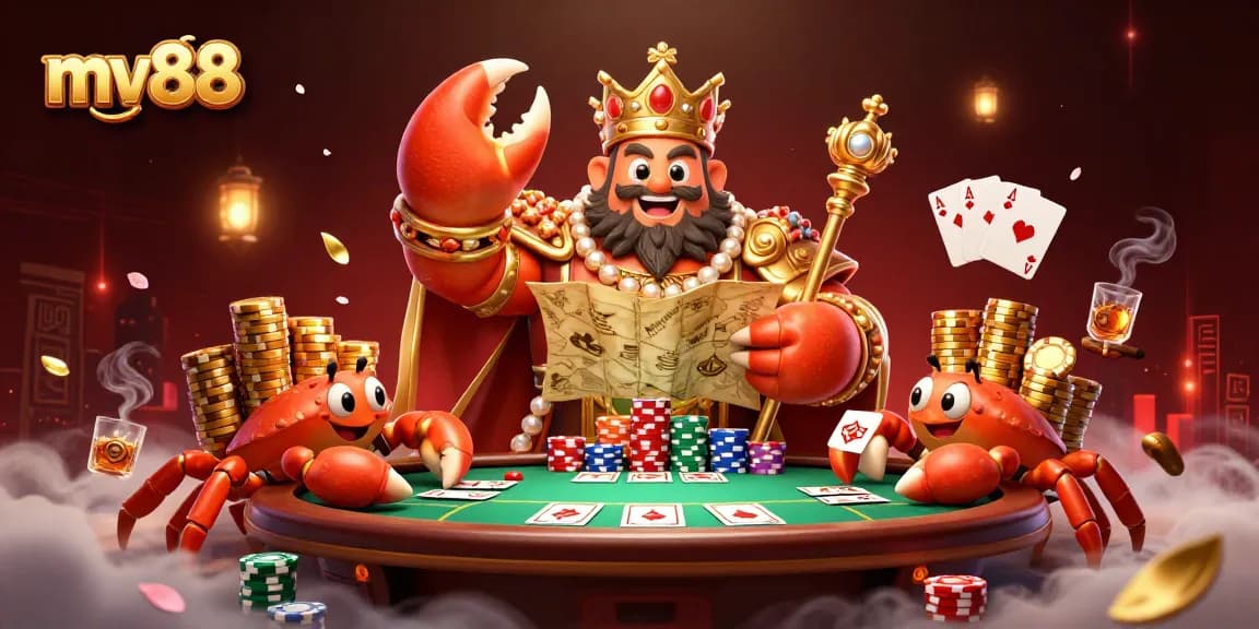 Experience dynamic gameplay at mv88 with a 3D scene featuring a golden crab emperor and poker elements.