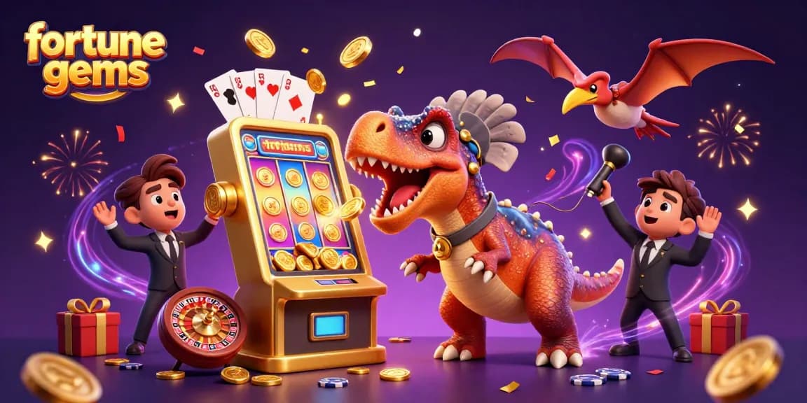 Experience fortune gems with a cartoon dinosaur jackpot moment in vibrant casino chaos.