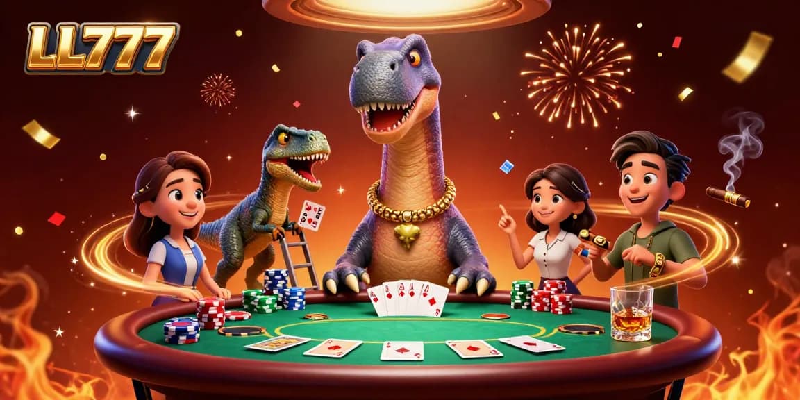 LL777 features a cartoon brontosaurus and clever raptor in a vibrant casino scene with poker elements.
