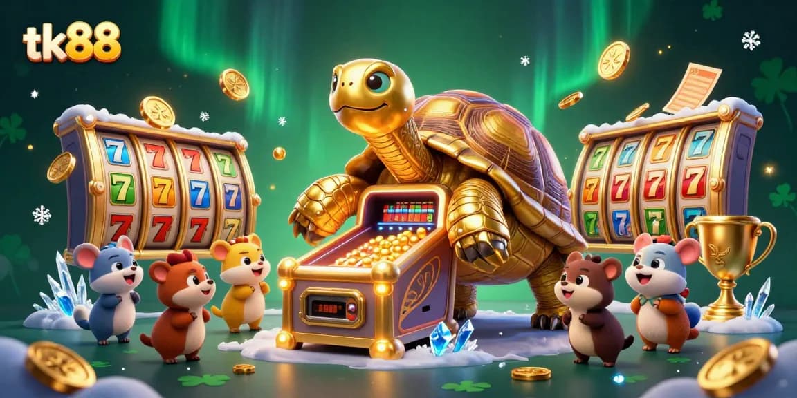 Experience the thrill of winning at tk88 with a colossal tortoise pinball machine surrounded by dynamic slot elements and colorful characters.