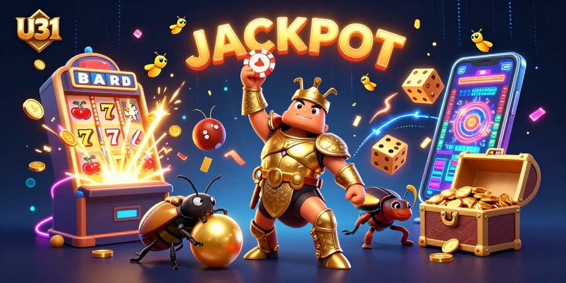 U31 celebrates wins with a 3D hercules beetle lifting a poker chip, jackpot coins exploding around.