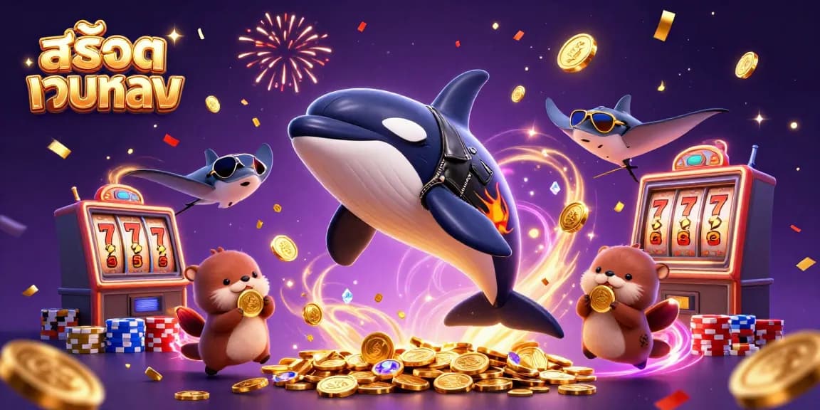 Experience the thrill of สล็อตเว็บตรง with a fun scene featuring an orca whale, stingray, and otters celebrating with coins.