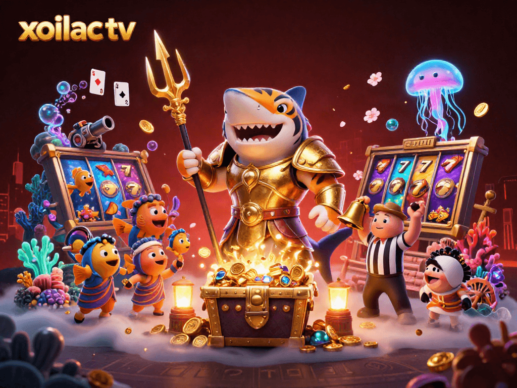 Experience thrilling moments with xoilac tv in this vibrant underwater casino scene featuring a tiger shark.
