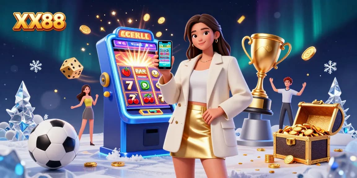 Experience the excitement of sports betting at XX88 with a beautiful Asian woman promoting the app in a dynamic scene.