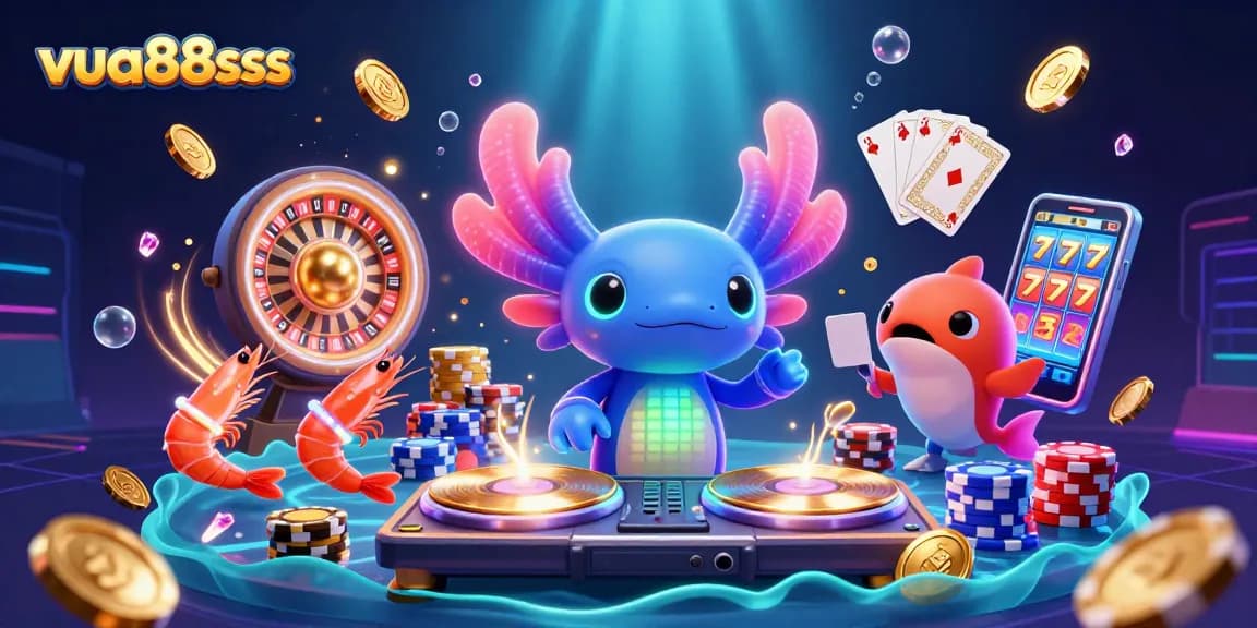 Experience vivid gameplay at vua88sss with neon vibrant creatures and casino-themed elements in a captivating 3D scene.