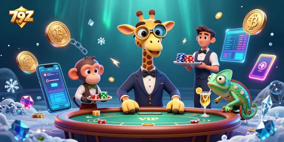 Experience thrilling gambling action on 79Z with a high-roller giraffe at the poker table, surrounded by vibrant elements.