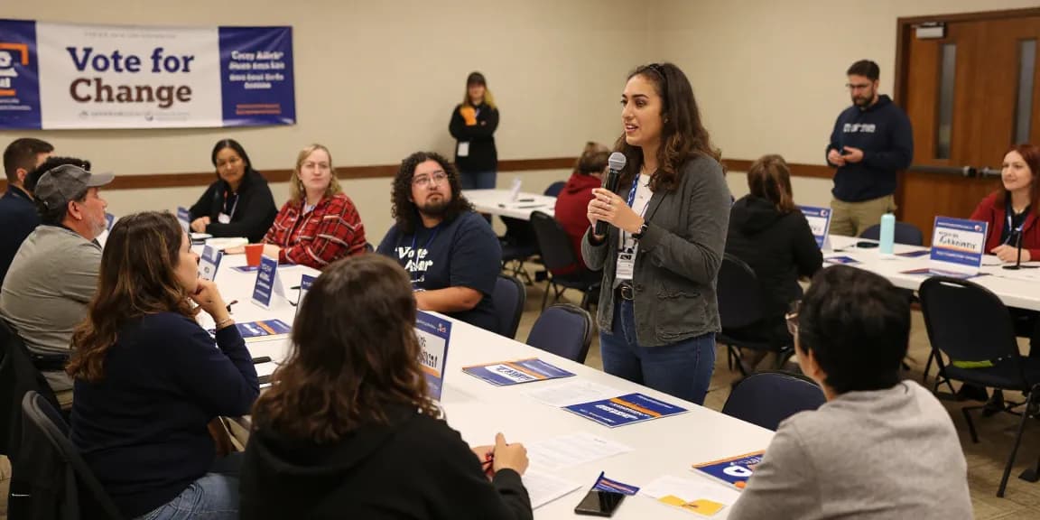 Community engagement scene featuring Casey Askar interacting with voters during a town hall meeting.