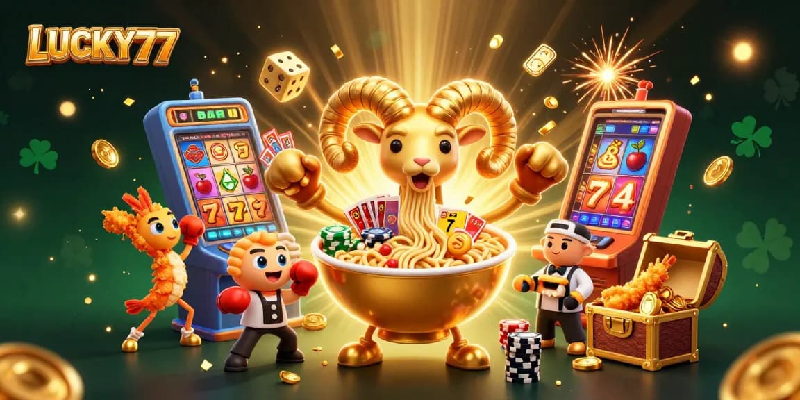 Engage in LUCKY77 slot excitement alongside a golden ramen bowl dealer in a vibrant 3D casino scene.