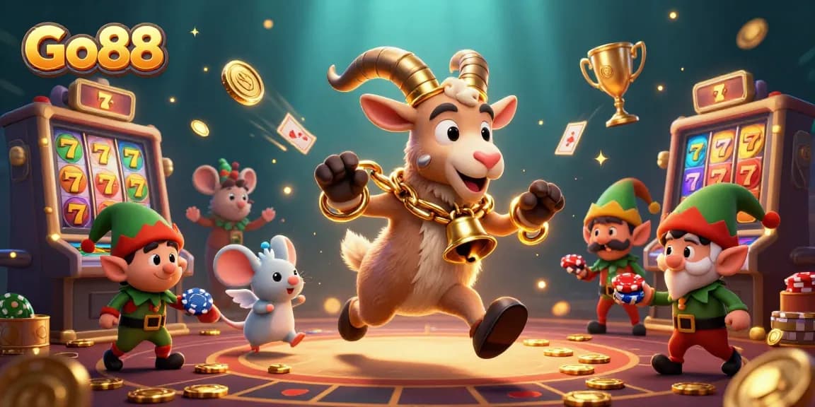 Join Go88 in a lively holiday-horror casino scene featuring a Krampus goat and mischievous elves stealing chips.