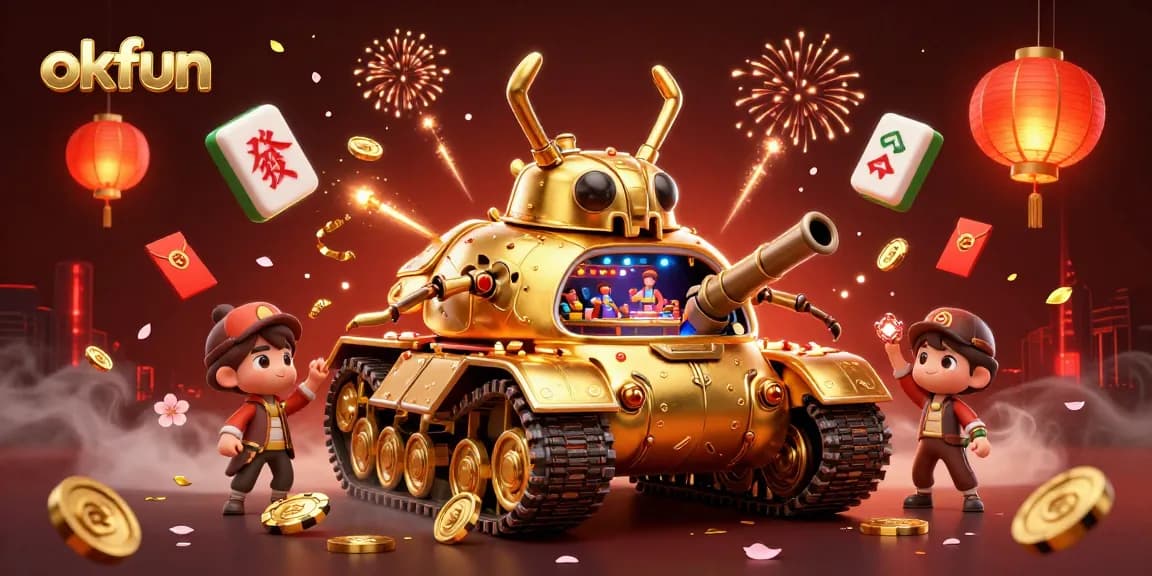 Experience exciting gameplay with the okfun 3D golden beetle tank casino illustration. Immerse in vibrant casino elements!