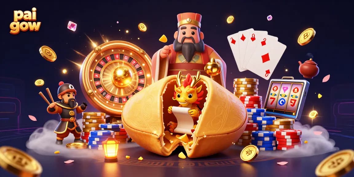 Pai Gow strategy illustrated with a giant fortune cookie, dragon, and dynamic casino elements.
