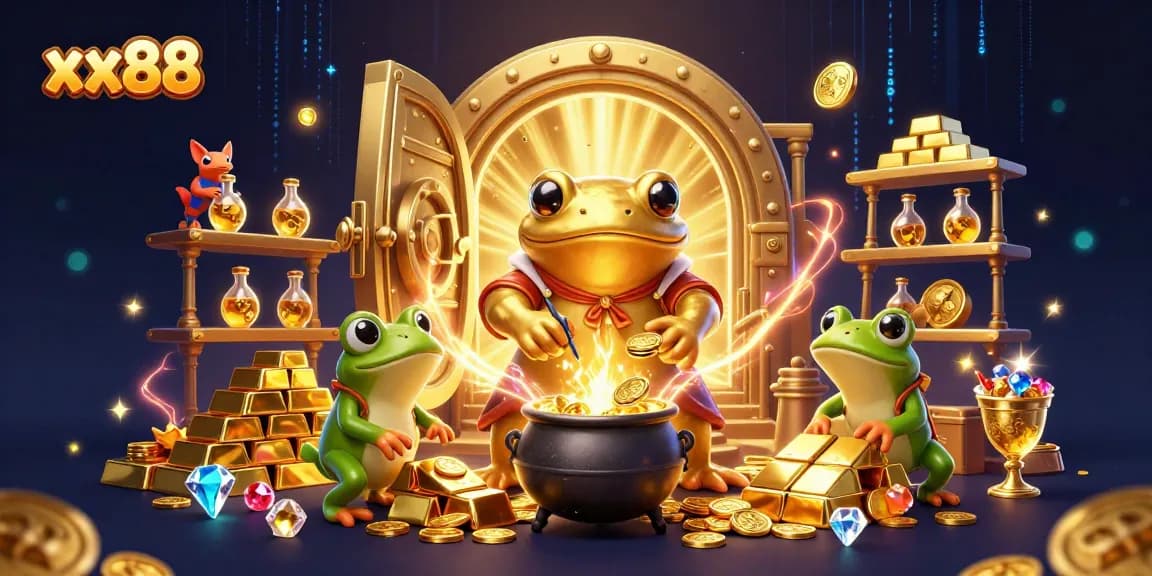 Engage in winning strategies at xx88, illustrated with alchemist and frog in a vibrant casino setting.