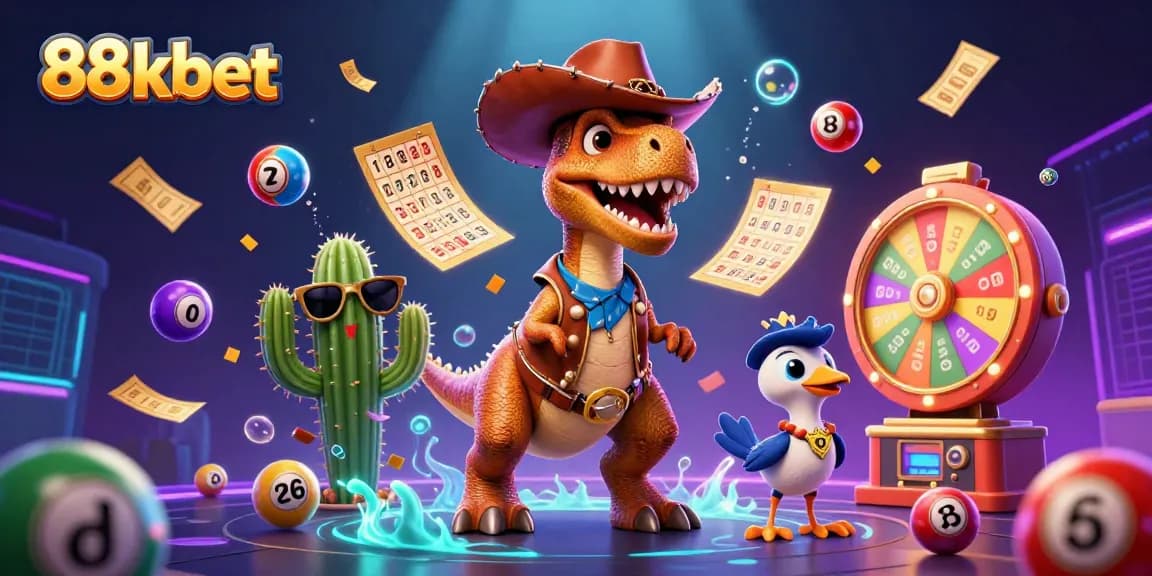Catch the excitement of 88kbet as the cowboy dinosaur spins the prize wheel amidst colorful lottery elements!