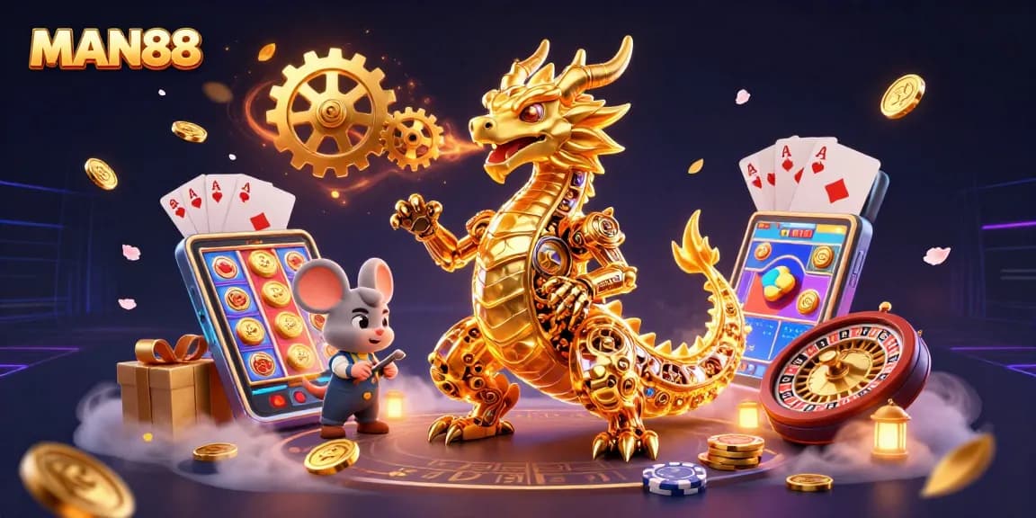 MAN88 showcases a dynamic dragon with golden gears, surrounded by vibrant slot game elements.