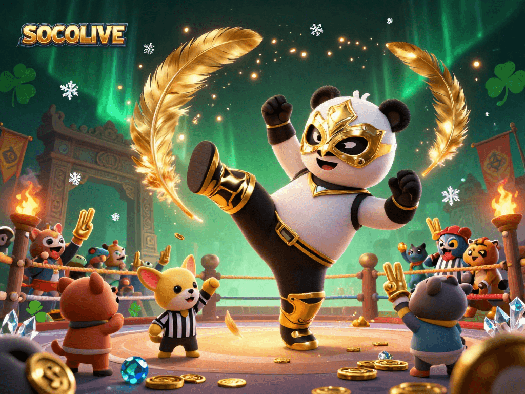 SOCOLIVE showcases a vibrant 3D scene with panda wrestlers and excited animal fans in a casino atmosphere