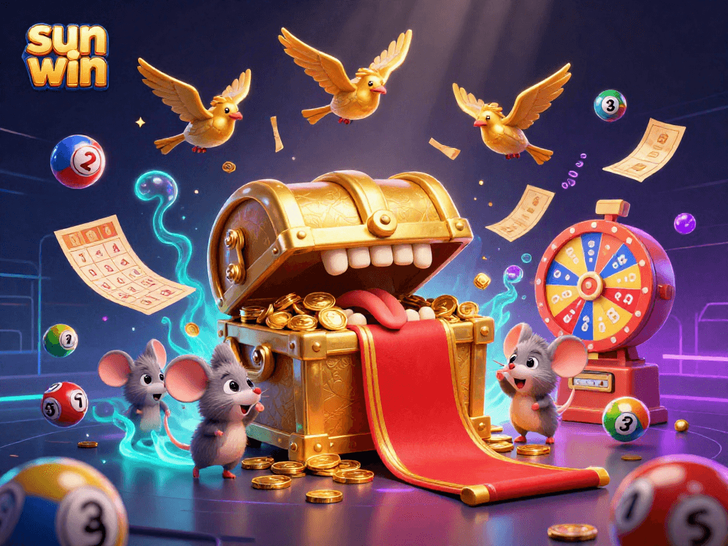 Experience the thrill of "sun win" with a dynamic 3D casino scene featuring adventure, lottery balls, and vibrant prize elements.
