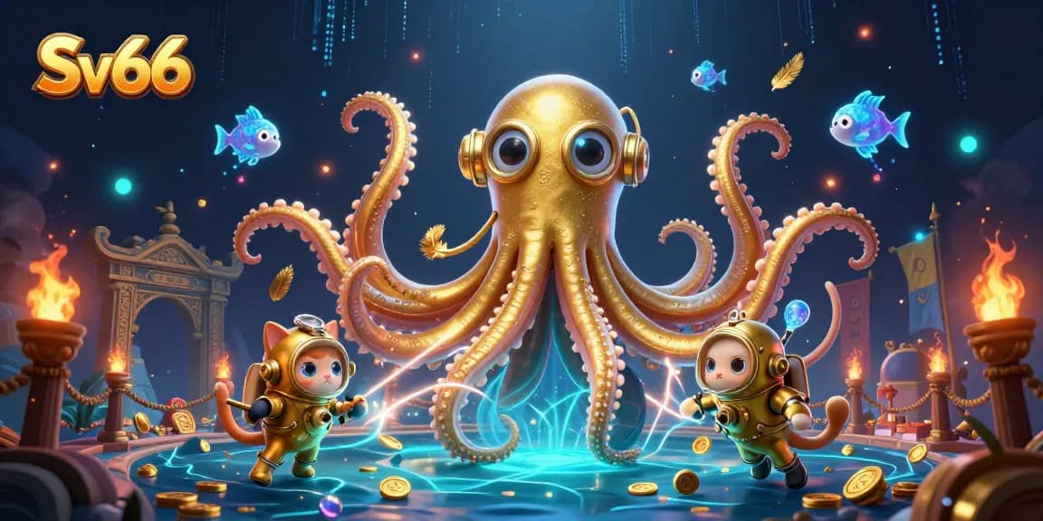 Engage with Sv66's thrilling gaming experience showcasing a colossal kraken and diving cat in a vibrant casino scene.