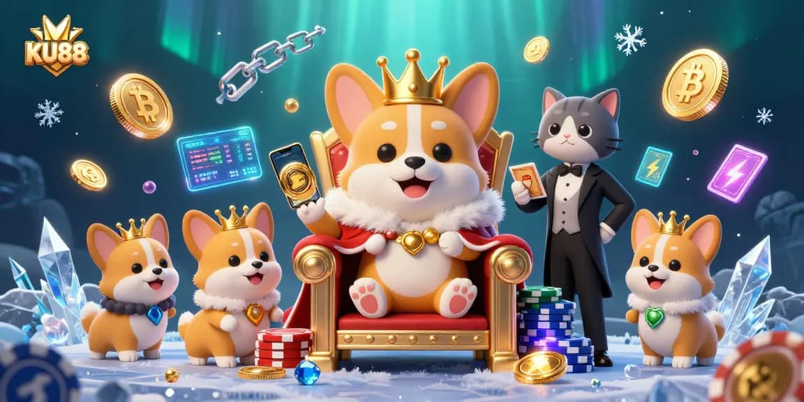 Experience the excitement of KU88 casino with a royal corgi and luxurious gaming elements.
