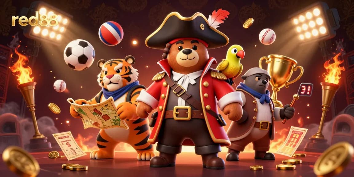Experience thrilling moments at red88 with colorful gambling elements and cartoon characters in a vibrant scene.