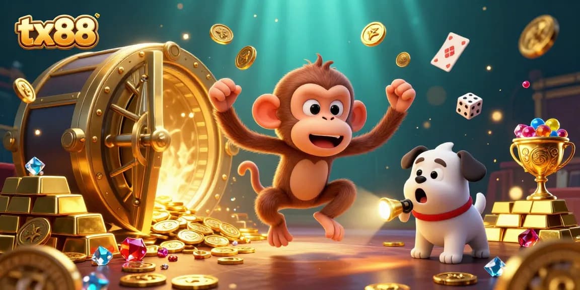 Engage with the tx88 casino world in this vibrant 3D illustration featuring playful characters and treasures.