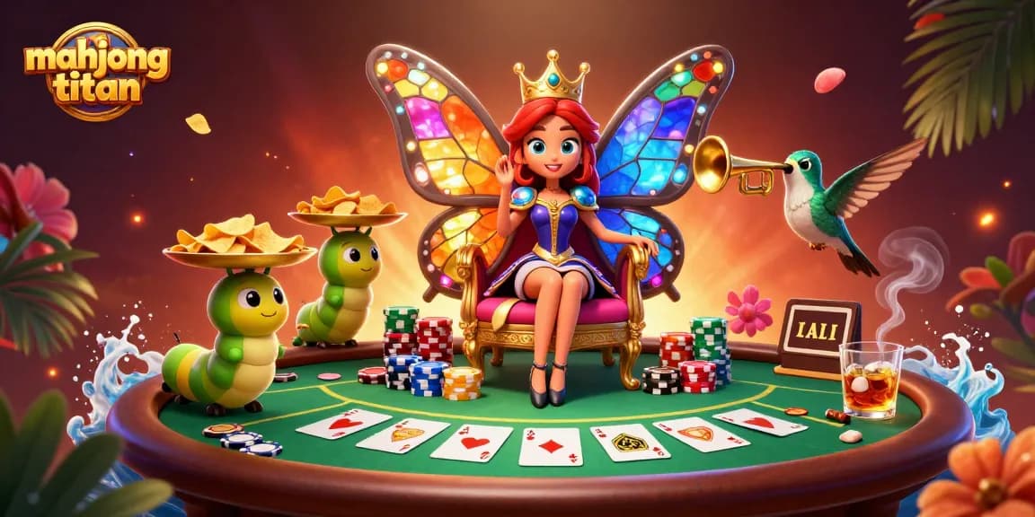 Engage in mahjong titan with an enchanting 3D scene featuring a butterfly queen and vibrant poker elements.