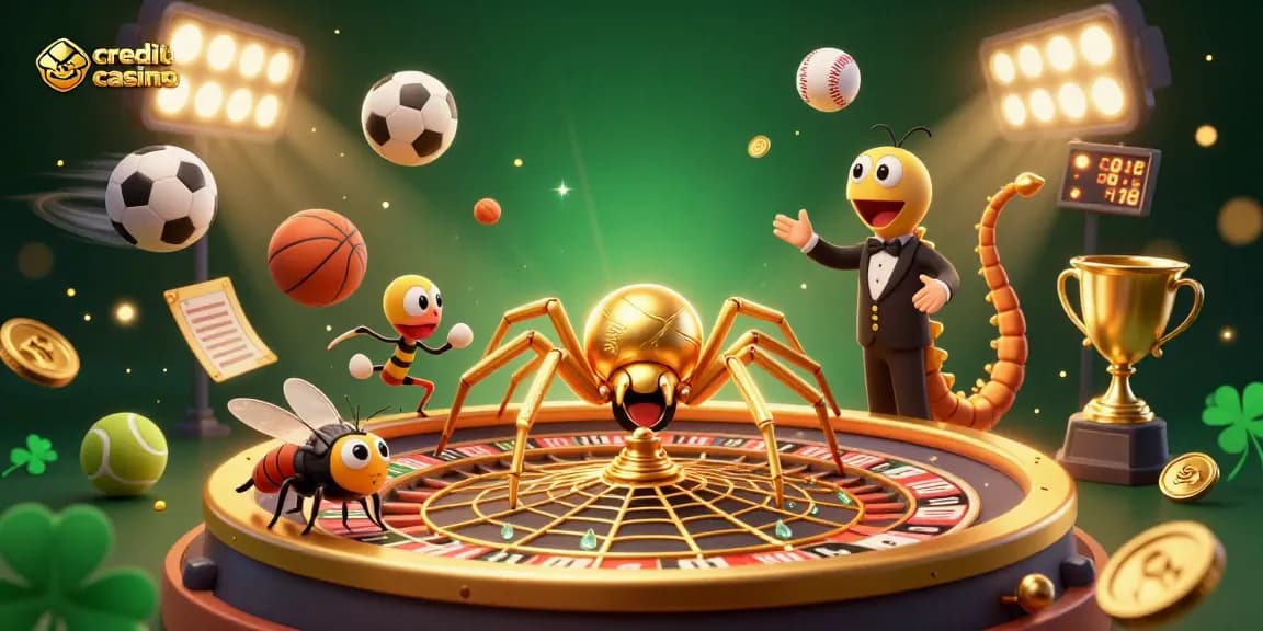 A dynamic scene showcasing "credit card casino" elements with a spider and croupier at a roulette wheel.