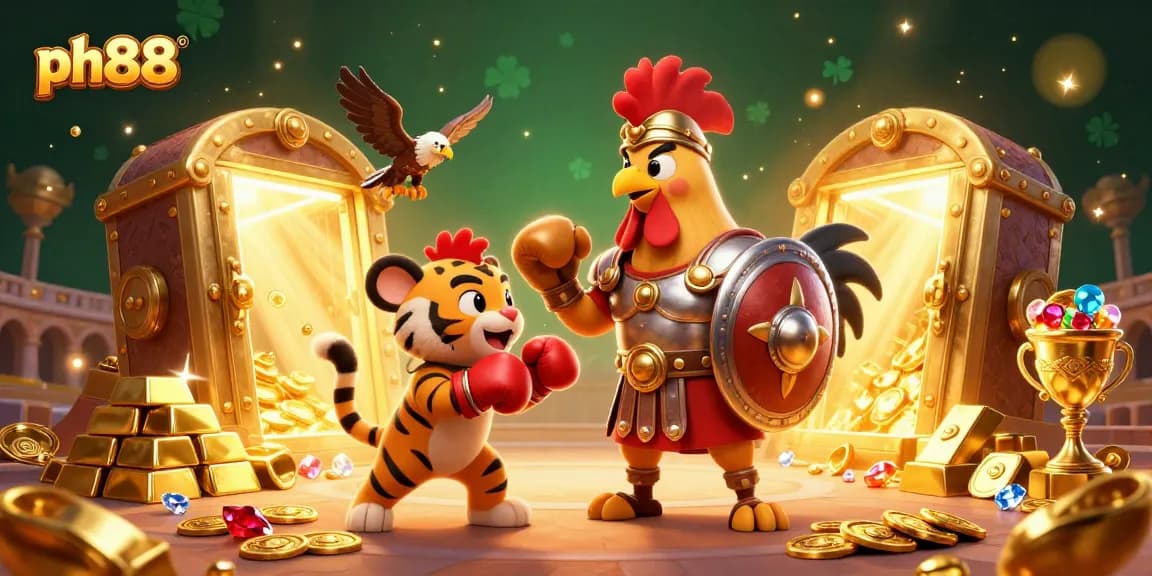 ph88 gamblers enjoying a vibrant 3D casino scene with golden treasure and jewels