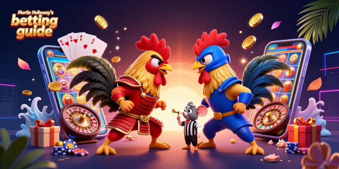 Wager effortlessly with Martin Holloway’s betting guide featuring dynamic 3D roosters and gambling elements.