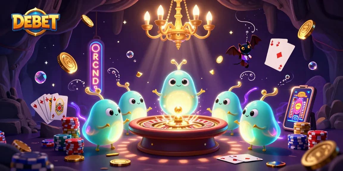 Experience the excitement of DEBET in a vibrant 3D casino scene with animated glowworms and gaming elements.