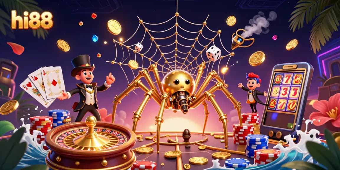 Experience the thrilling world of hi88 with a dynamic casino-themed 3D scene showcasing poker and luck.
