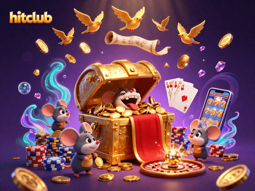 Experience riches with hitclub as mice approach a golden treasure chest in a vibrant casino scene.