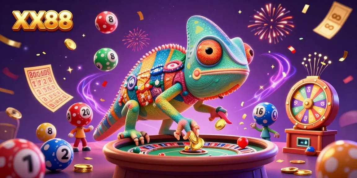 Engage in thrilling gameplay at XX88 with an energetic 3D illustration featuring a colorful chameleon casino owner.