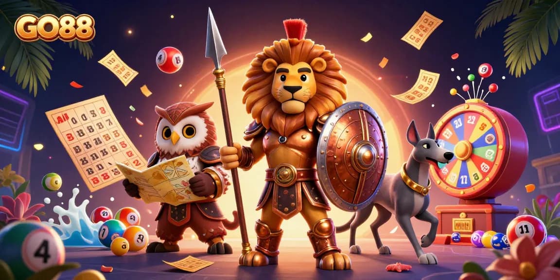 Experience GO88's thrilling world with dynamic lottery and casino elements in vibrant colors.