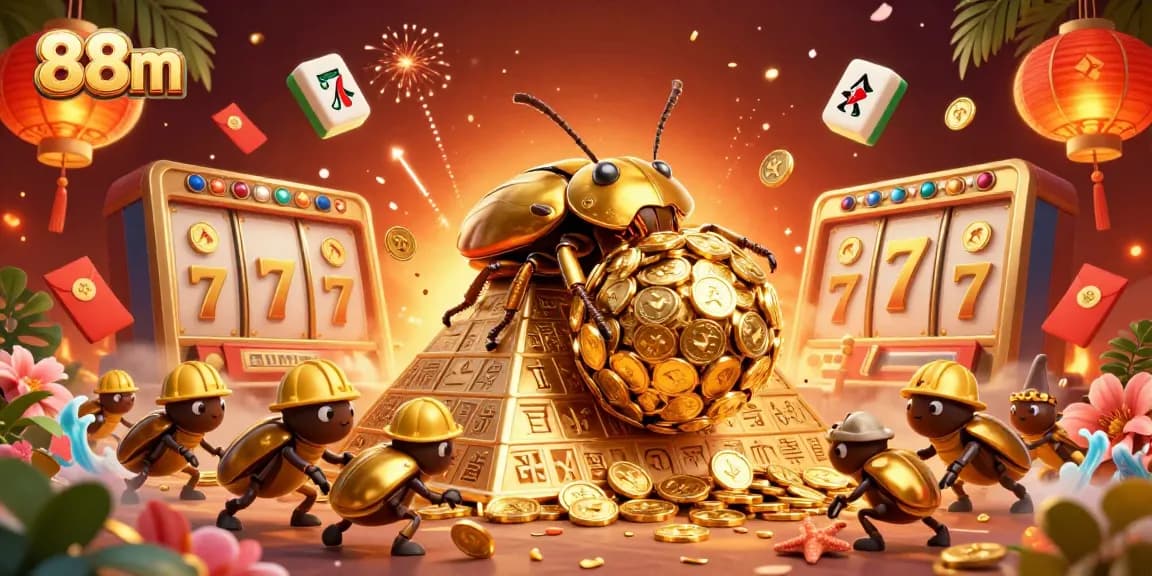 Experience the excitement of 88m with golden coins, beetles, and vibrant casino elements.